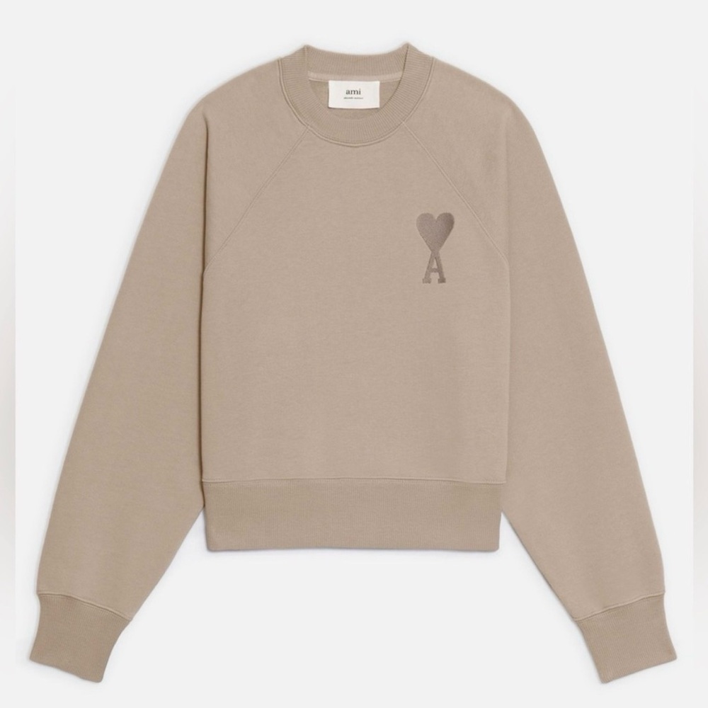 Ami Women’s Cotton Sweatshirt Beige embroidered Crew Pullover Athleisure Sz L